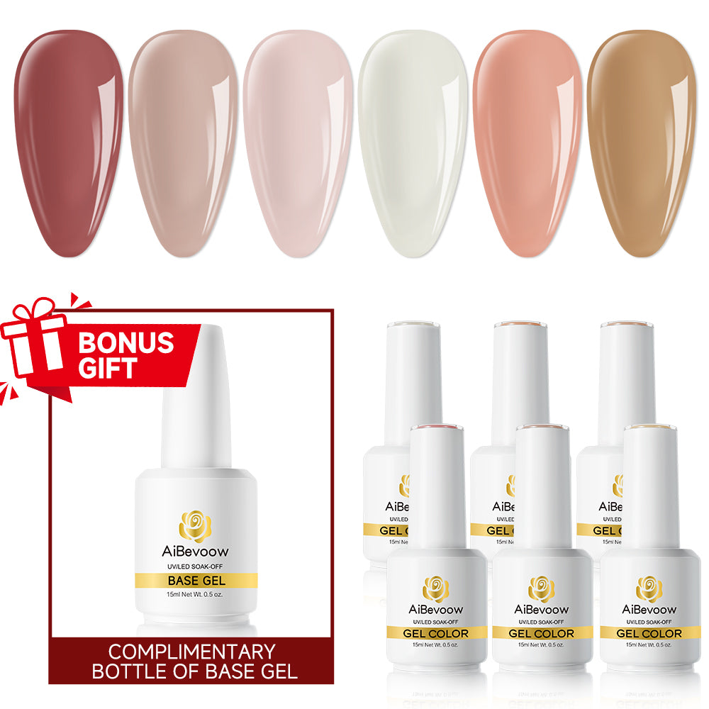AiBevoow 15ml Gel Polish Set - 6Colors Gel Polish Kit with Base Top Coat Pink Red Blue Purple Brown Yellow Green Black White Nails Gifts for Women Bonus Base Top Gel