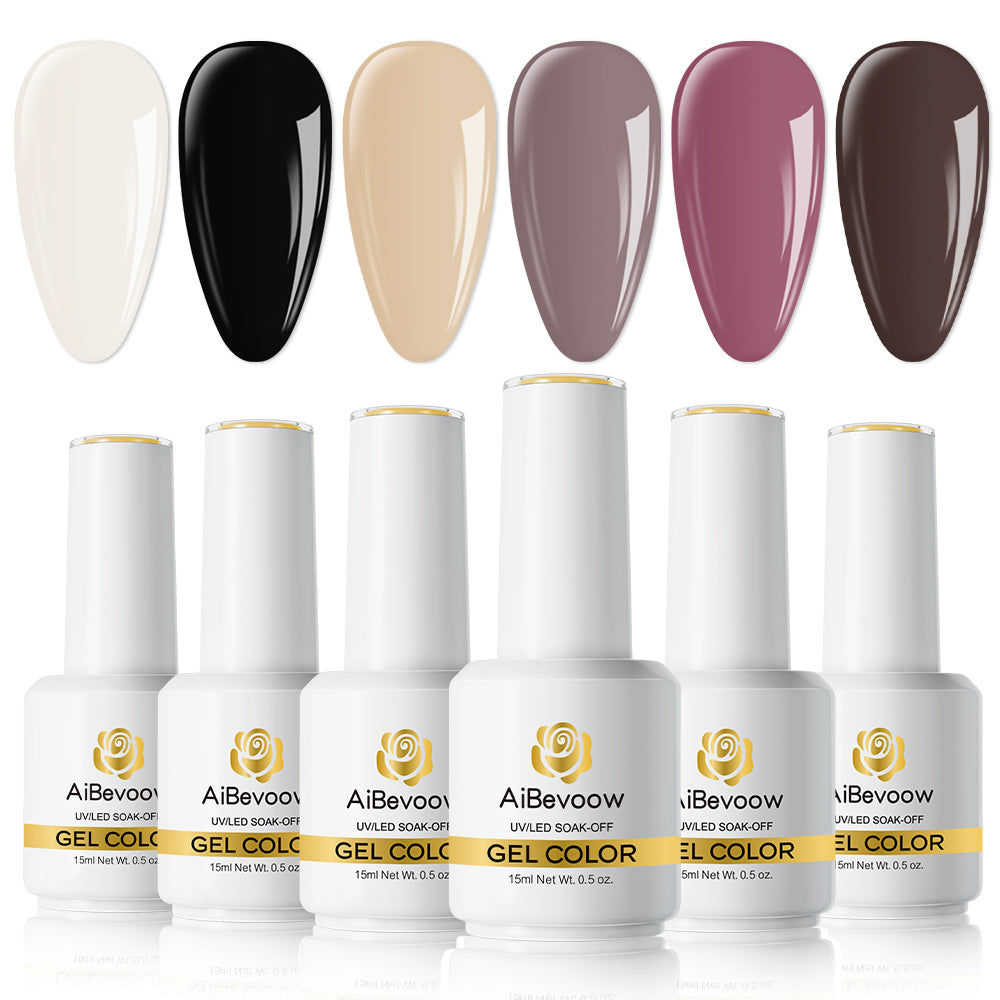 Aibevoow White Purple Black 15ML Gel Nail Polish Set, 6 Colors Brown Pink Nude Soak Off UV Light Cure Gel Polish Kit for Salon and Nail Art DIY at Home