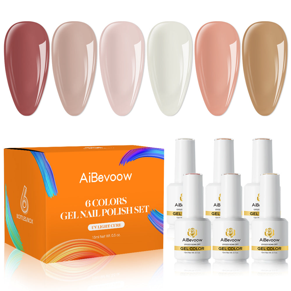 Aibevoow 15m Gel Nail Polish Kit -6 Colors Fall Winter Nude Pink Gel Polish Set Skin Tones Neutral Brown Soak Off Gel Nail Kit Manicure DIY Nail Art Salon Home Gift