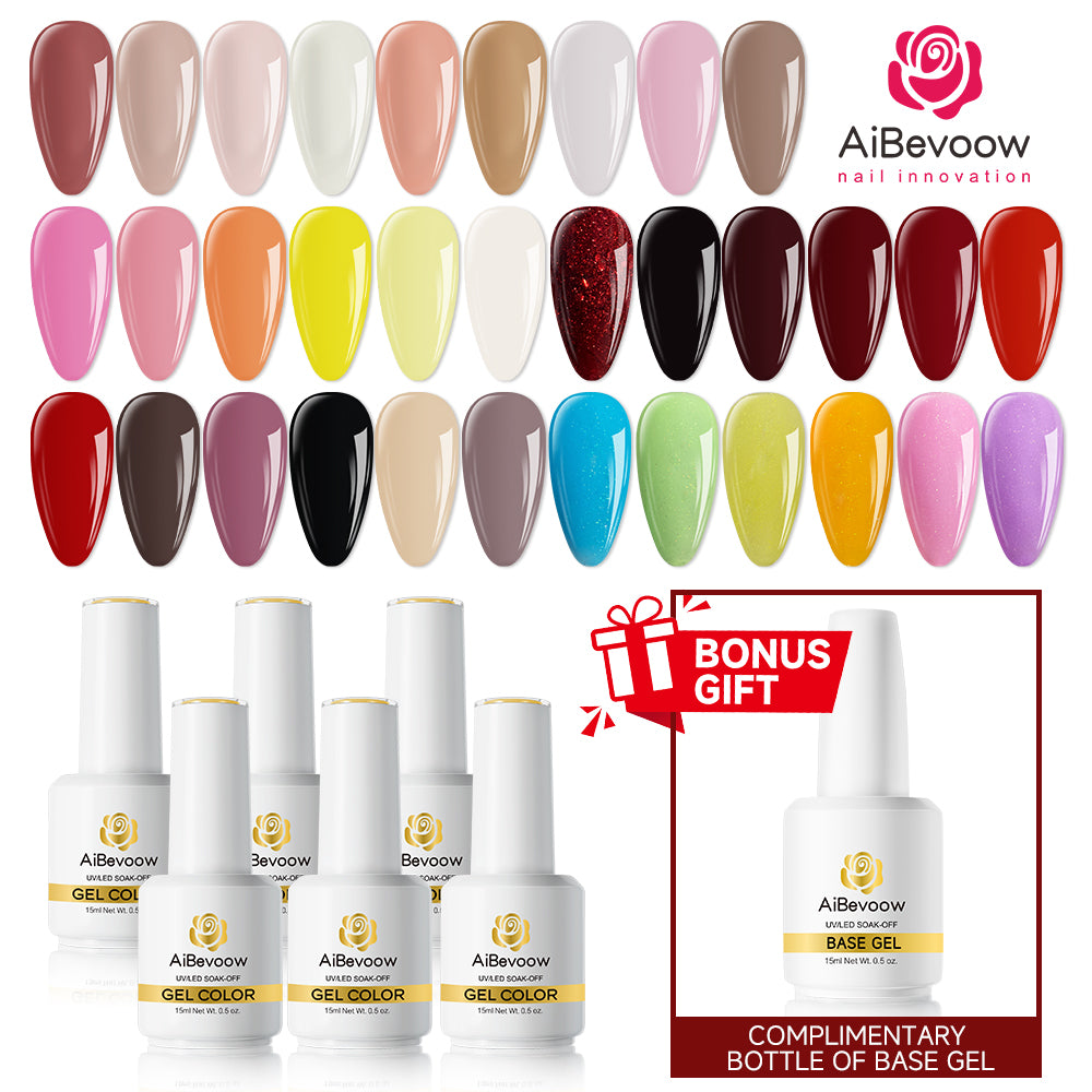AiBevoow 15ml Gel Polish Set - 6Colors Gel Polish Kit with Base Top Coat Pink Red Blue Purple Brown Yellow Green Black White Nails Gifts for Women Bonus Base Top Gel