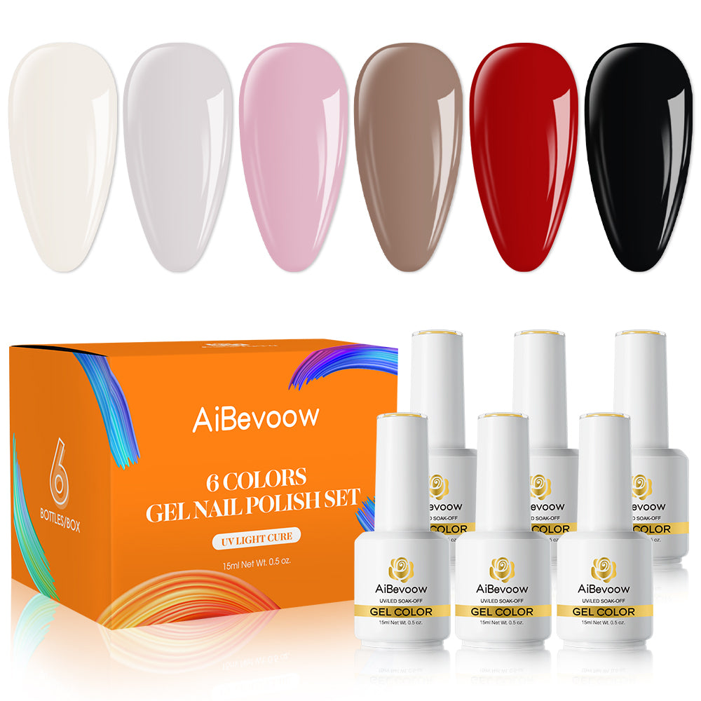 Aibevoow White Red Black Gel Nail Polish Set, 6 Colors Brown Pink Nude Soak Off UV Light Cure Gel Polish Kit for Salon and Nail Art DIY at Home
