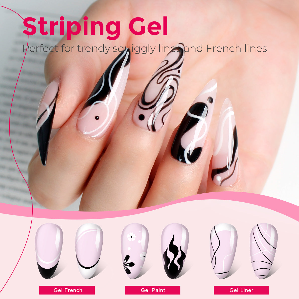 AiBevoow Gel Polish Nail Art Gel Liner Set-4 Colors Classic White Black Silver Gold Glitter Gel Paint for French Tip Swirl Nails Design Soak off Built Thin Brush Gel Nail Art Supplies Kit