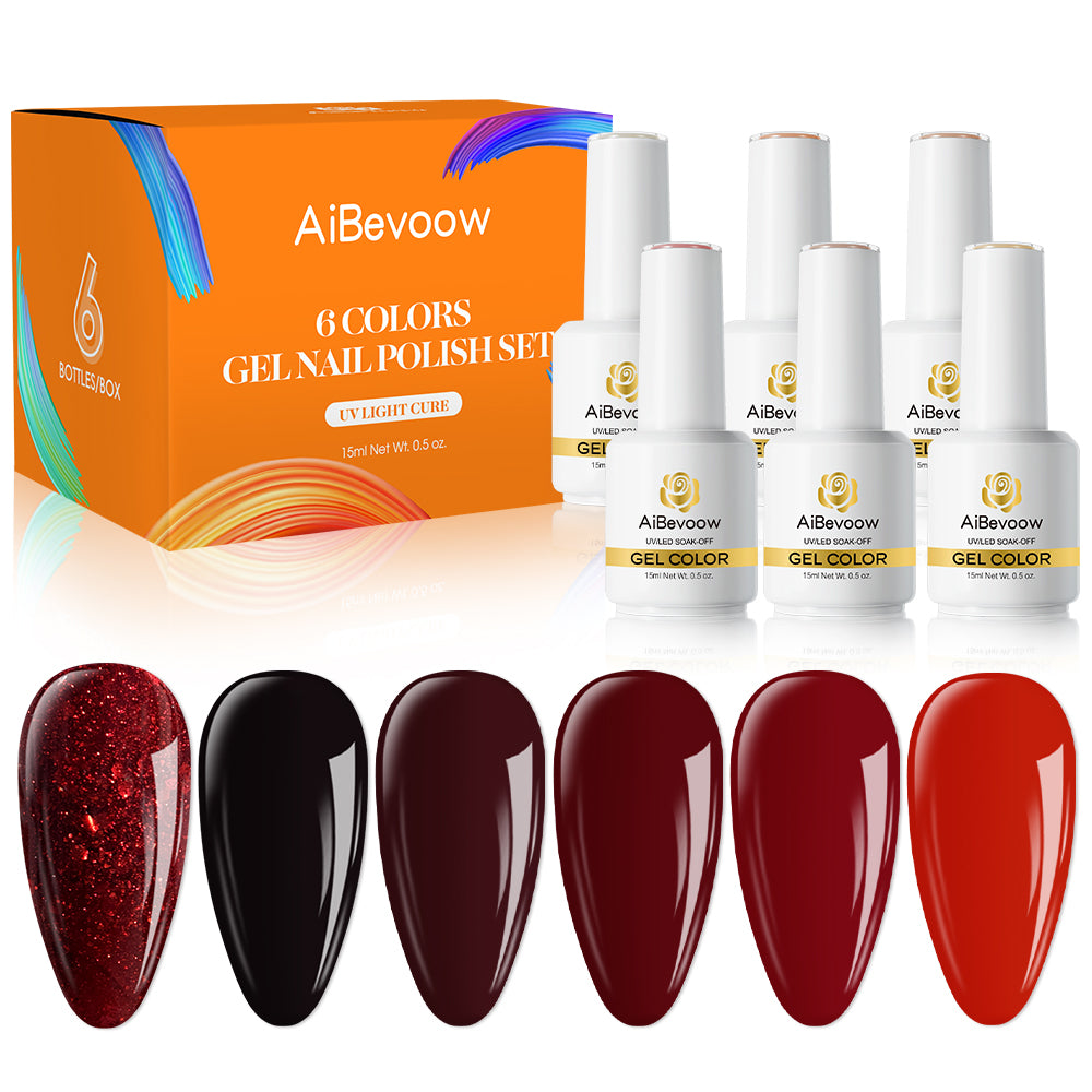 Aibevoow 15ml Red Gel Polish Set - 6 Colors Burgundy Red Gel Nail Polish Popular Shimmer Red-Obsession Collection Nails Art Design Soak Off Uv LED Nail Kit Minicure DIY Home Nails Set