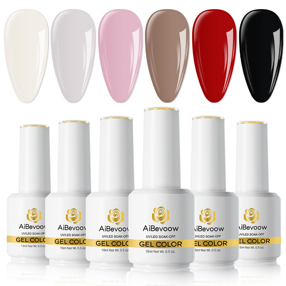 Aibevoow White Red Black Gel Nail Polish Set, 6 Colors Brown Pink Nude Soak Off UV Light Cure Gel Polish Kit for Salon and Nail Art DIY at Home