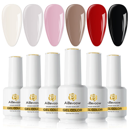 Aibevoow White Red Black Gel Nail Polish Set, 6 Colors Brown Pink Nude Soak Off UV Light Cure Gel Polish Kit for Salon and Nail Art DIY at Home