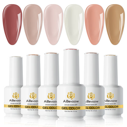 Aibevoow 15m Gel Nail Polish Kit -6 Colors Fall Winter Nude Pink Gel Polish Set Skin Tones Neutral Brown Soak Off Gel Nail Kit Manicure DIY Nail Art Salon Home Gift