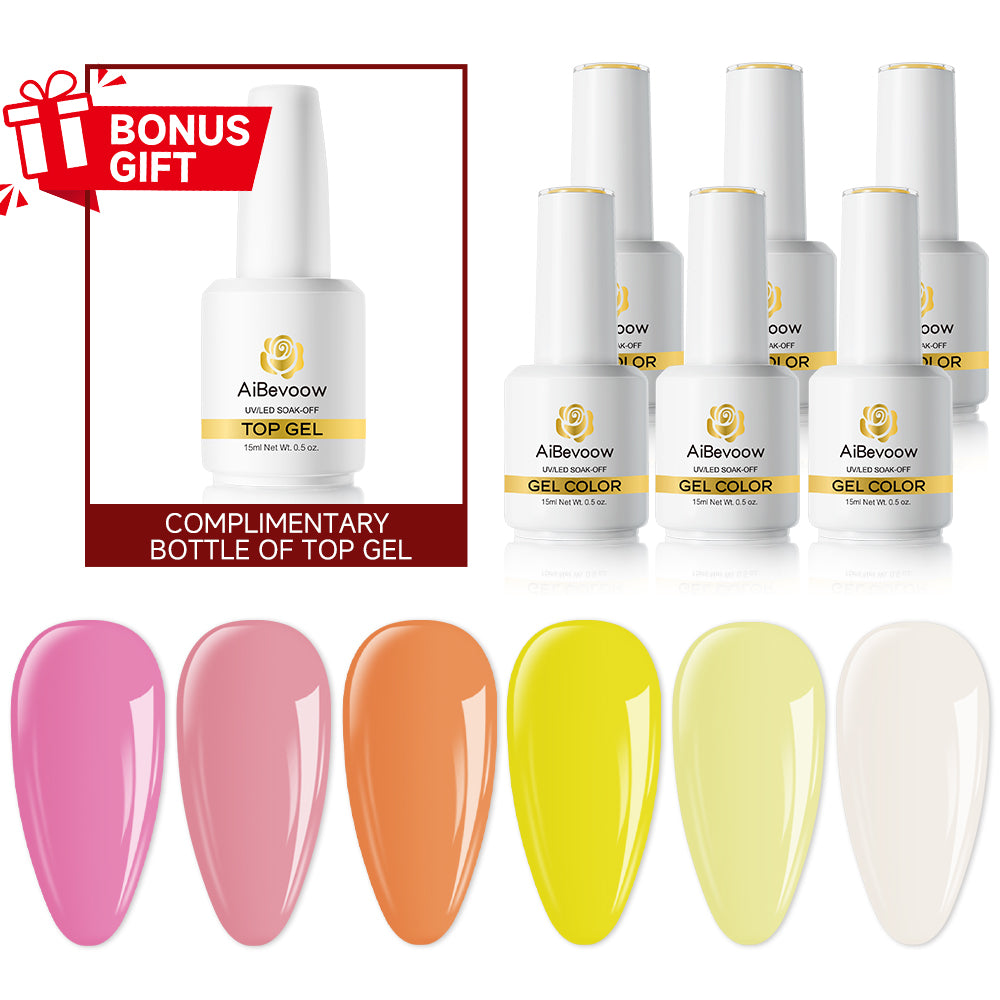 AiBevoow 15ml Gel Polish Set - 6Colors Gel Polish Kit with Base Top Coat Pink Red Blue Purple Brown Yellow Green Black White Nails Gifts for Women Bonus Base Top Gel