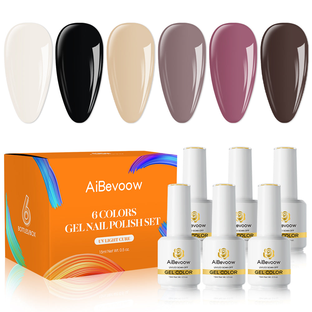 Aibevoow White Purple Black 15ML Gel Nail Polish Set, 6 Colors Brown Pink Nude Soak Off UV Light Cure Gel Polish Kit for Salon and Nail Art DIY at Home