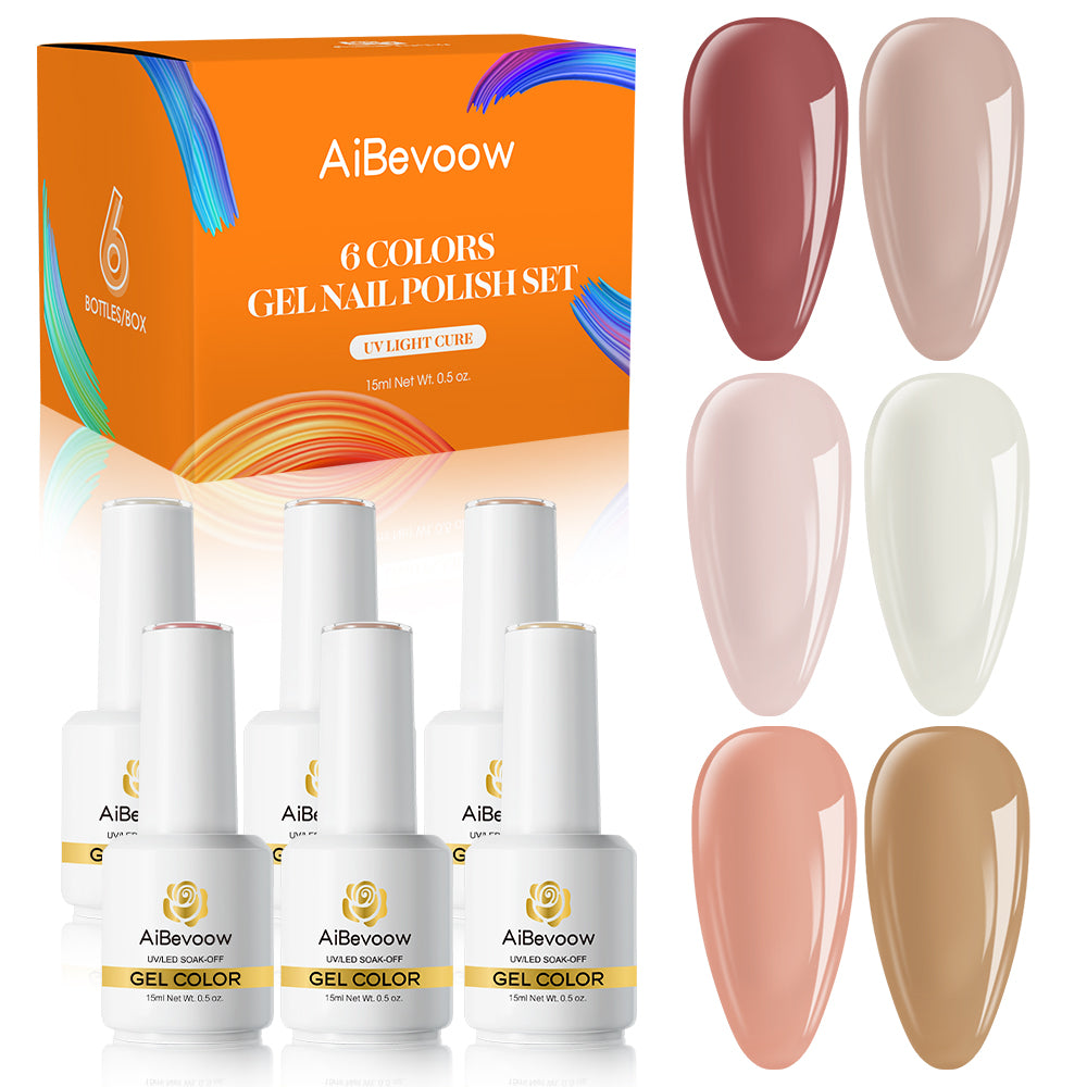 Aibevoow 15m Gel Nail Polish Kit -6 Colors Fall Winter Nude Pink Gel Polish Set Skin Tones Neutral Brown Soak Off Gel Nail Kit Manicure DIY Nail Art Salon Home Gift
